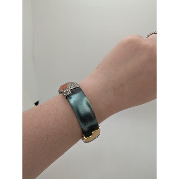 Alexis Bittar Blue and Orange Lucite Hinged Bracelet Goldtone and Crystals 7.5” - Picture 5 of 7